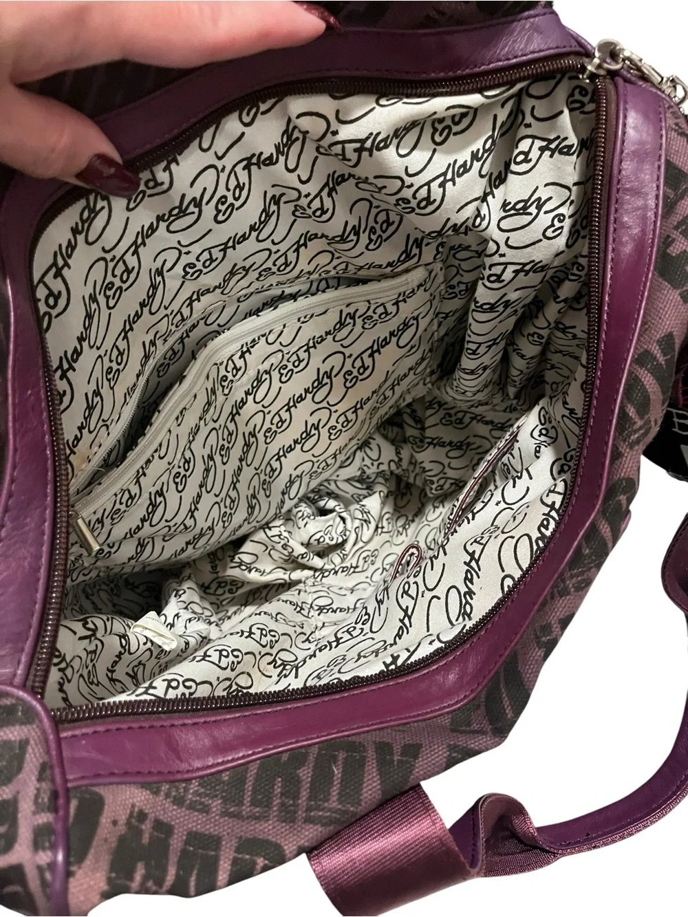 Ed Hardy Purple Geisha Print Tote with Multicolor Accent